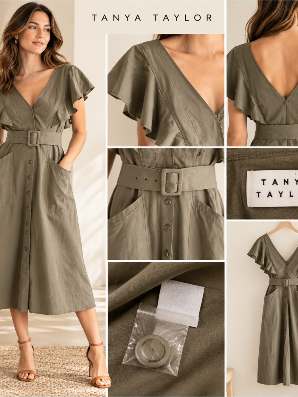 Tanya Taylor Olive Green Belted Utility Midi Dress Flutter Sleeve Size 10